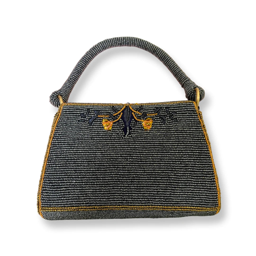 David Jeffery Handbag - Pewter Beads w/Yellow Embroidery Flowers and Beaded Handle