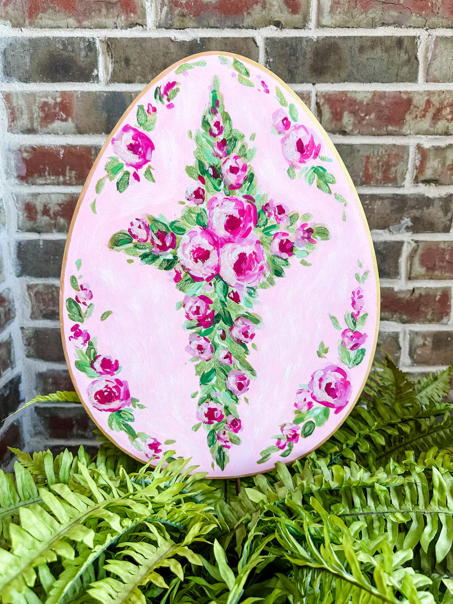 Round Top Pink Roses Cross on Egg