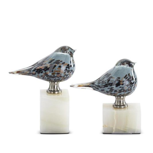 KK Blue Glass Birds on White Square Marble Base (7.5" & 6")