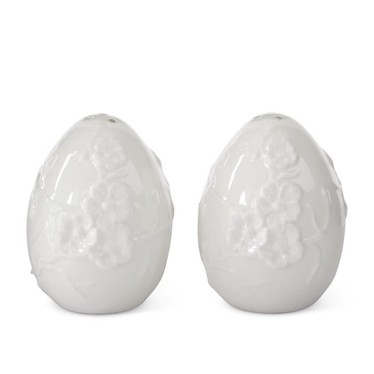 KK White Dolomite Flower Embossed Egg Salt & Pepper Shakers (Set of 2)