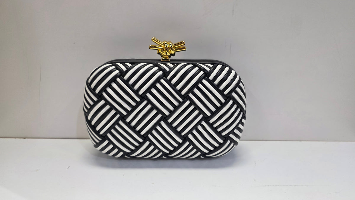 Inzi Leather Woven Clutch with Gold Knot Top Handle