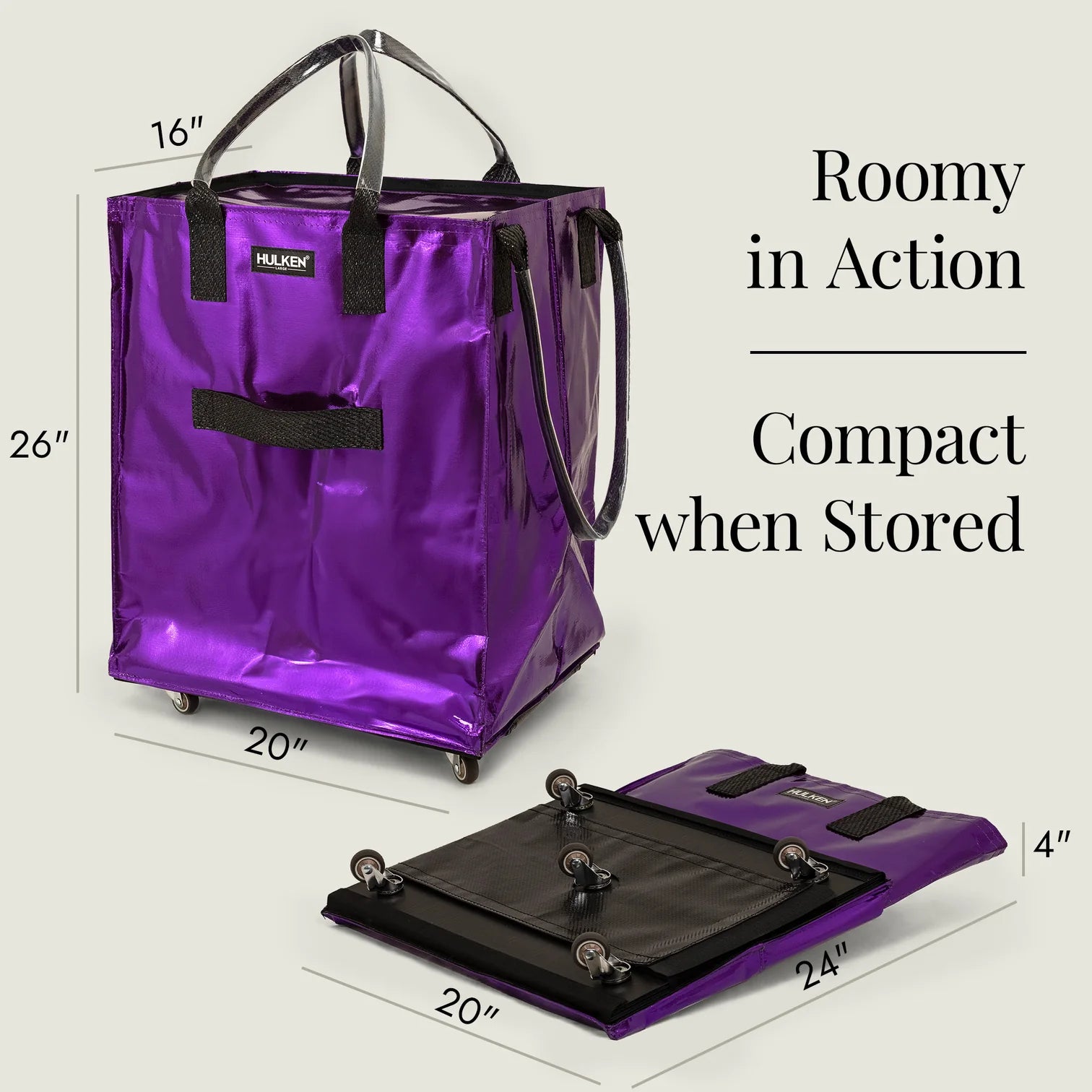 Hulken Original Large Rolling Tote Bag - 24 Inch, Black Polypropylene, Unisex
