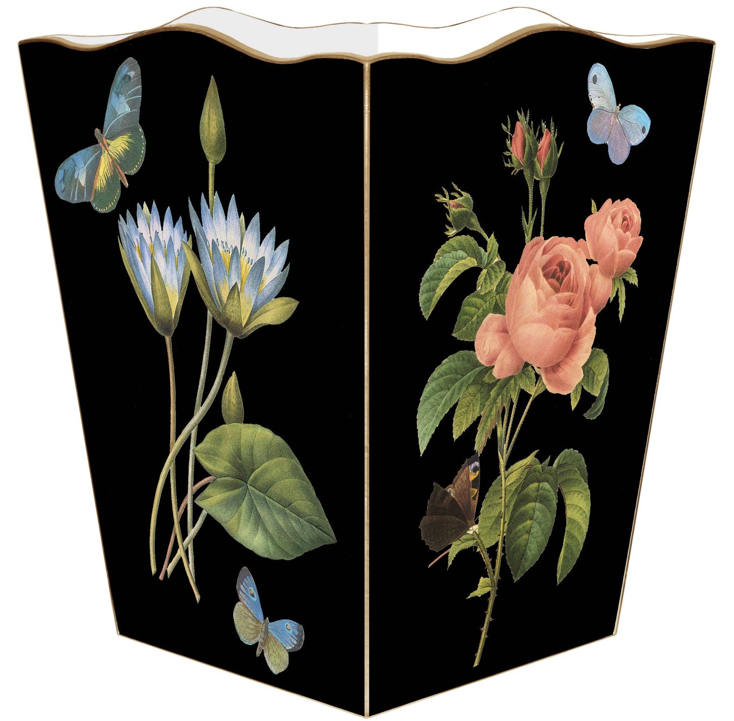 Marye-Kelley Pink Roses on Black Wastepaper Basket