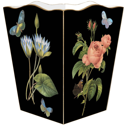 Marye-Kelley Pink Roses on Black Wastepaper Basket