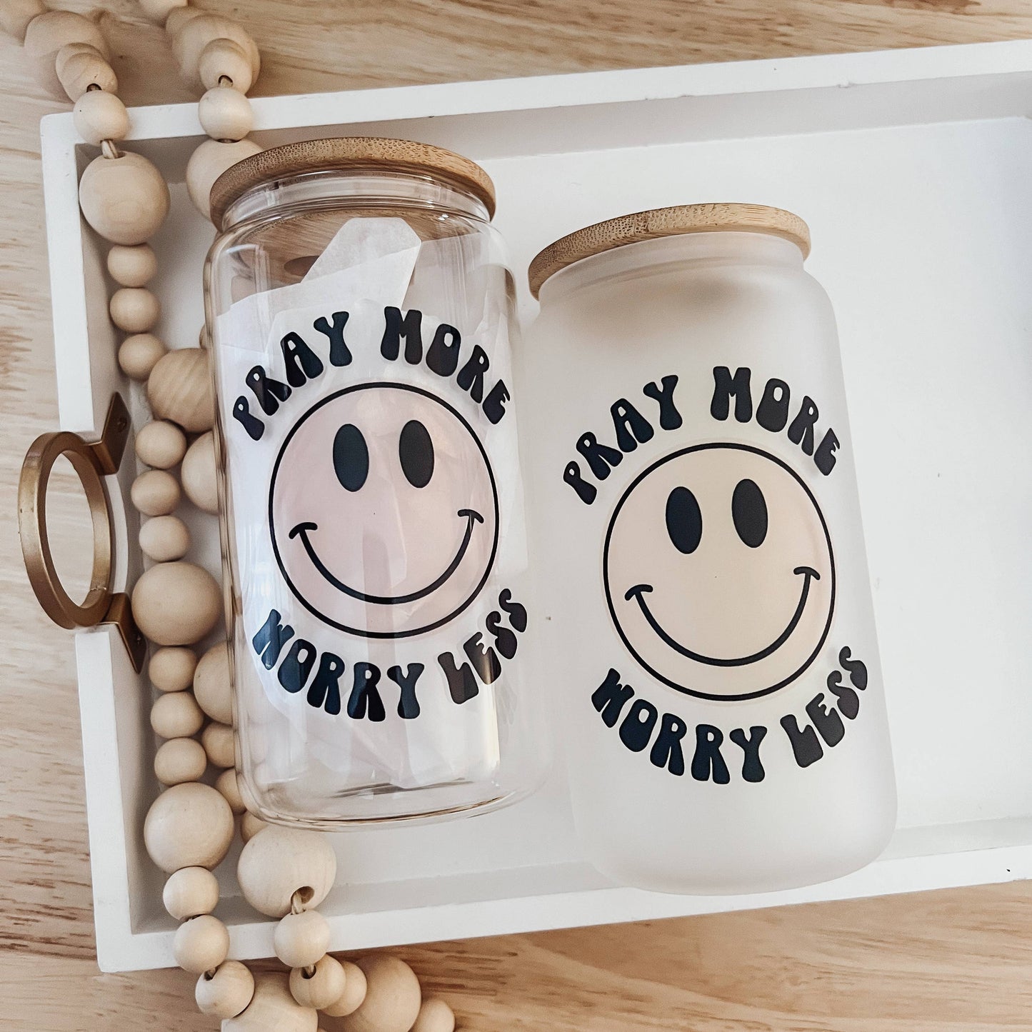 Pray More 16 oz Glass Cup with Bamboo Lid