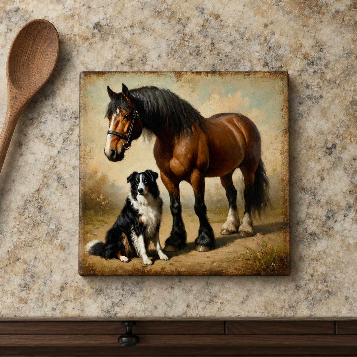 Highland Row Vintage Horse and Dog Ceramic Trivet - Equestrian Farmhouse