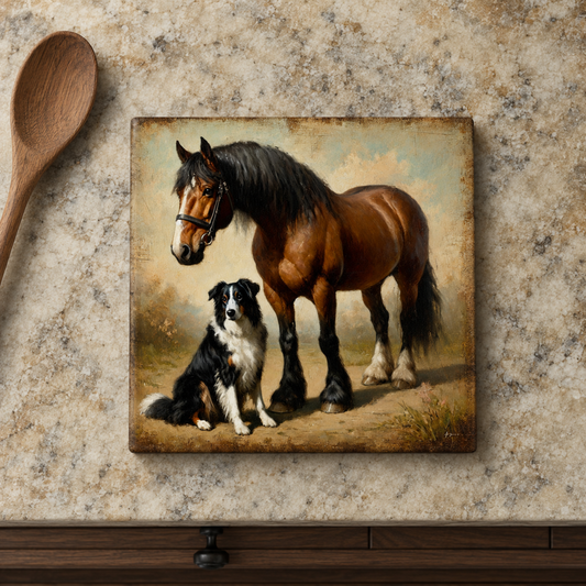 Highland Row Vintage Horse and Dog Ceramic Trivet - Equestrian Farmhouse