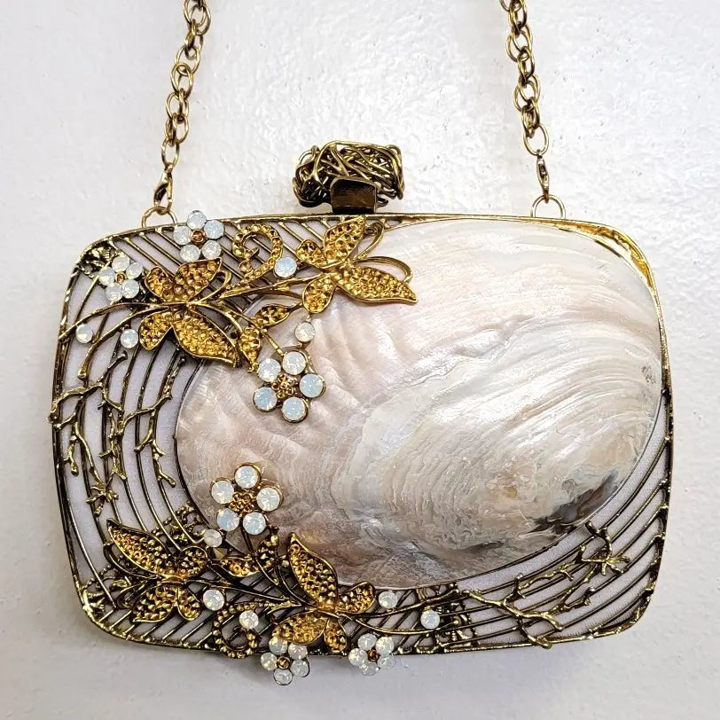 Jeweled Metal Mother of Pearl (MOP) Clutch (Gold)