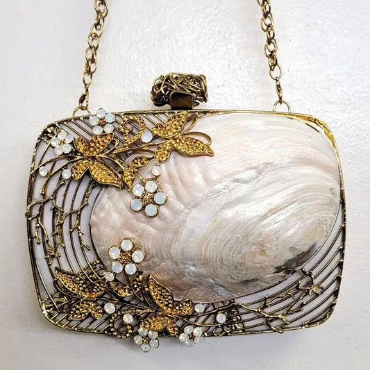 Jeweled Metal Mother of Pearl (MOP) Clutch (Gold)