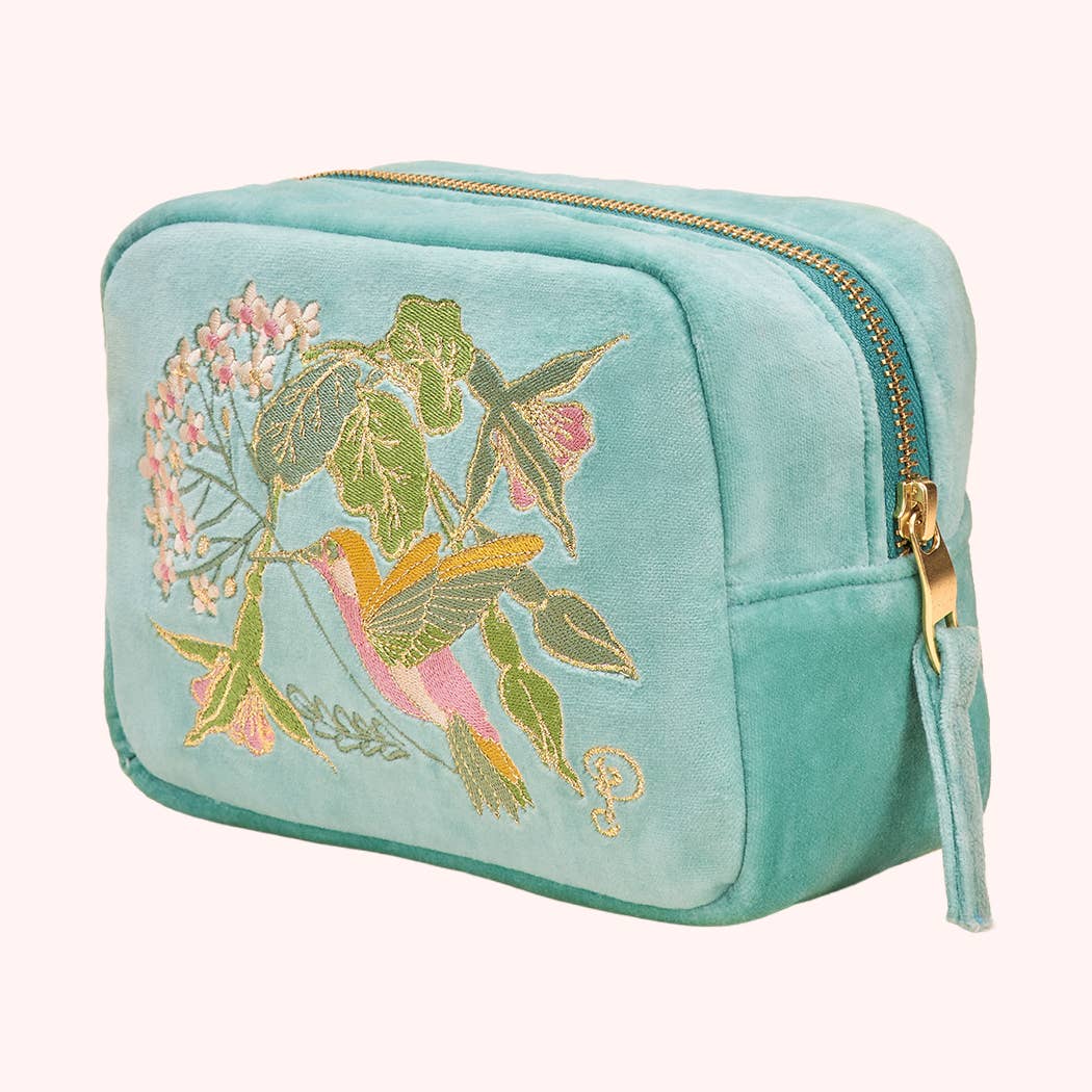 Velvet Embroidered Make Up Bag - Hummingbird, Aqua, by Powder Designs