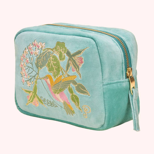 Velvet Embroidered Make Up Bag - Hummingbird, Aqua, by Powder Designs