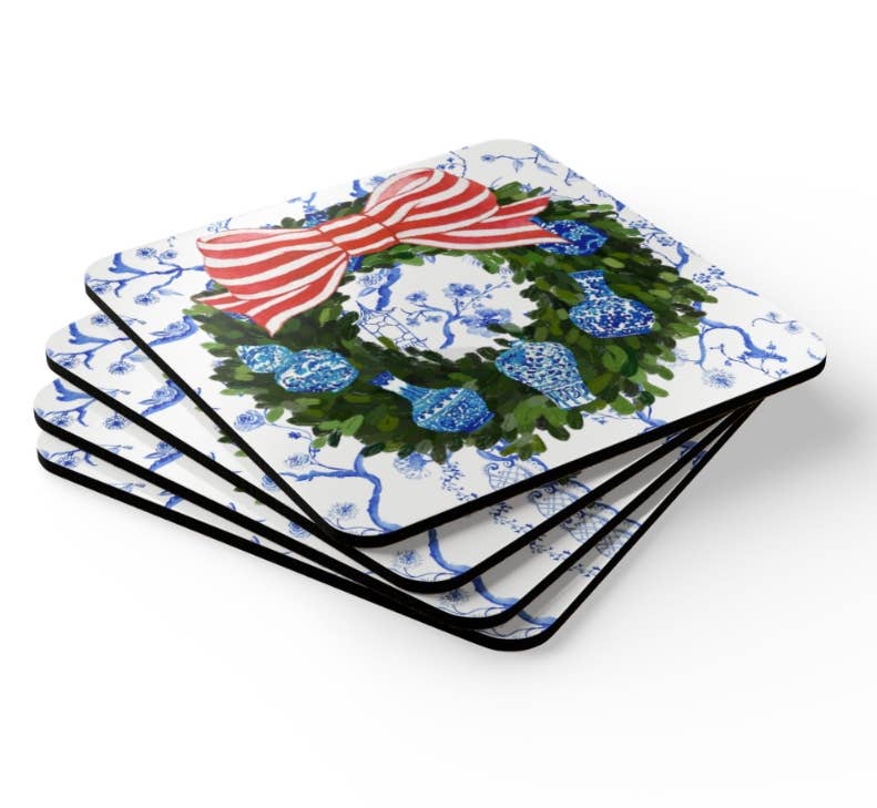 Design Carolinas Chinoiserie Ginger Jar Christmas Wreath Coaster Set