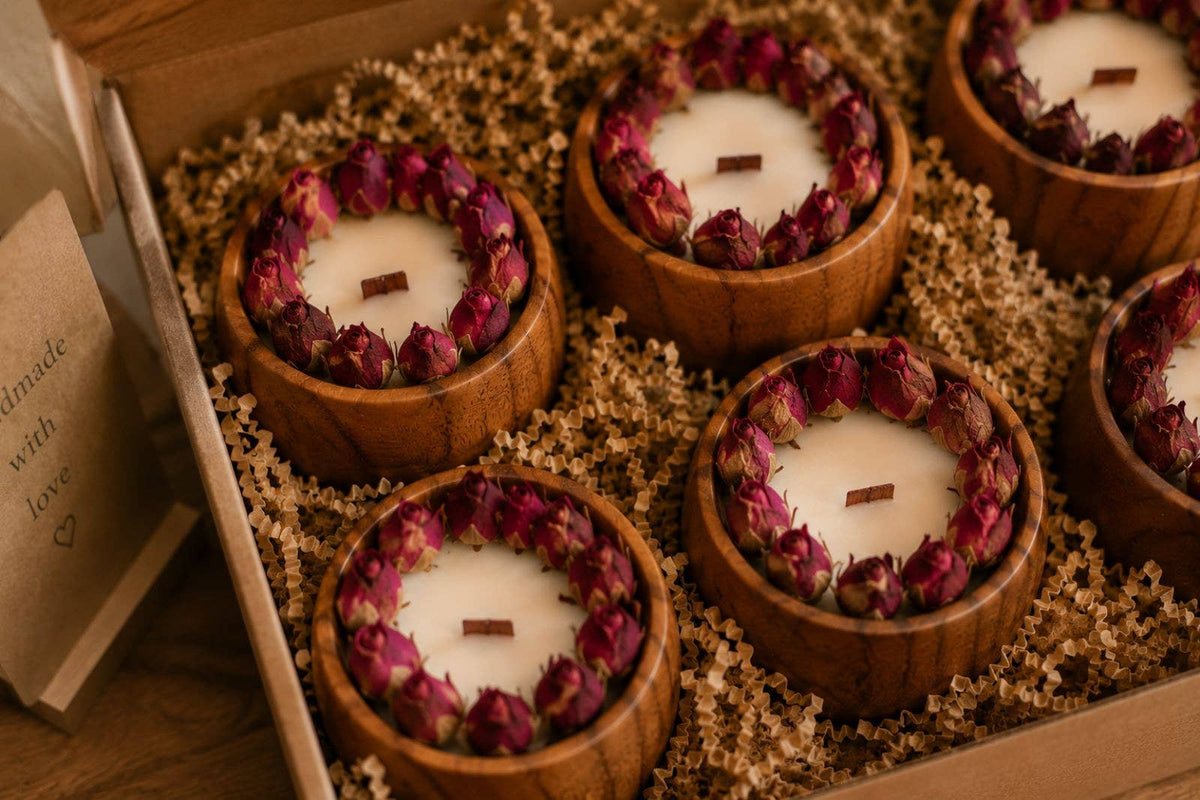 Held in Light - Blush Rose Soy Candle in Natural Wooden Bowl