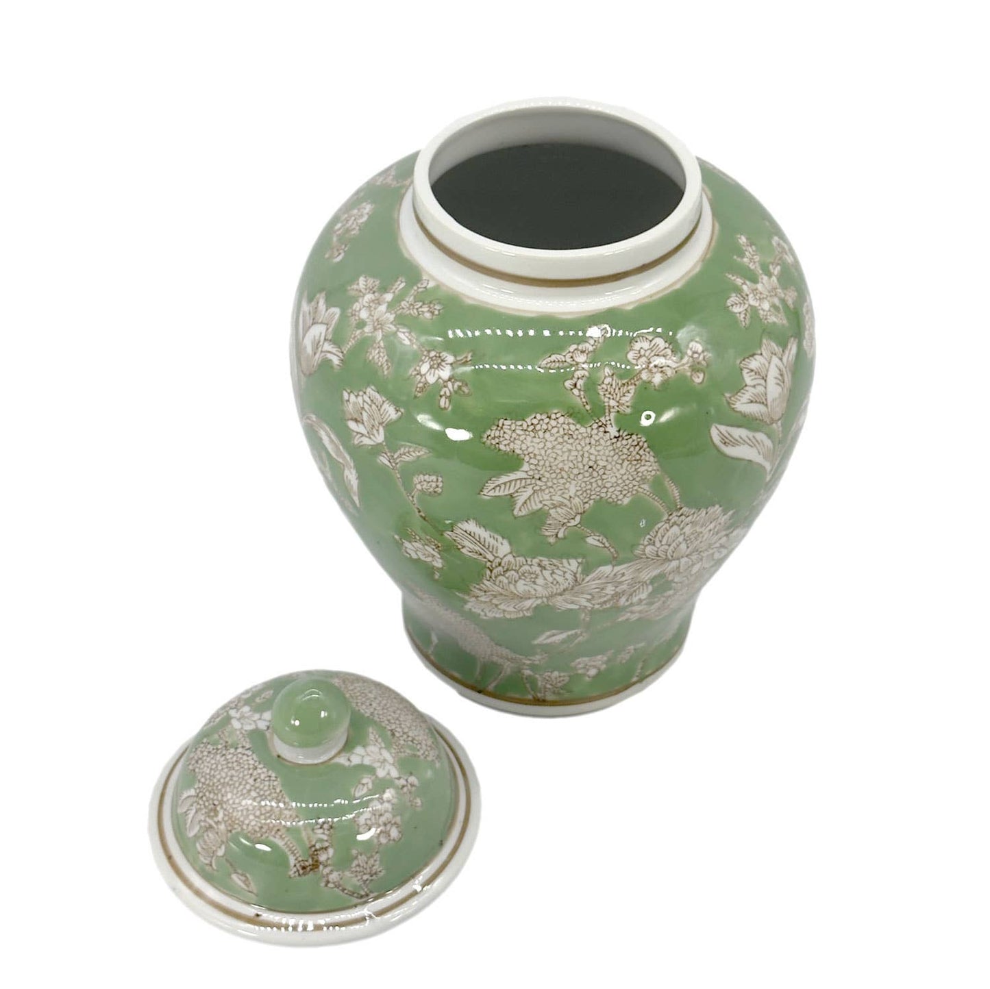 Galt Green & White Floral Peony Ceramic Chinoiserie Jar 12"