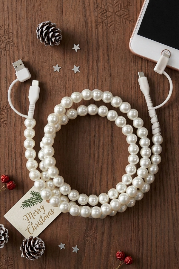 Nash Grey White Pearl Beaded Charging Cord