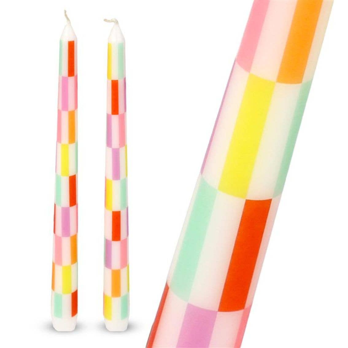 Talking Tables Multi-colored Check Taper Candles - 2 Pack | Picnic Decor |
