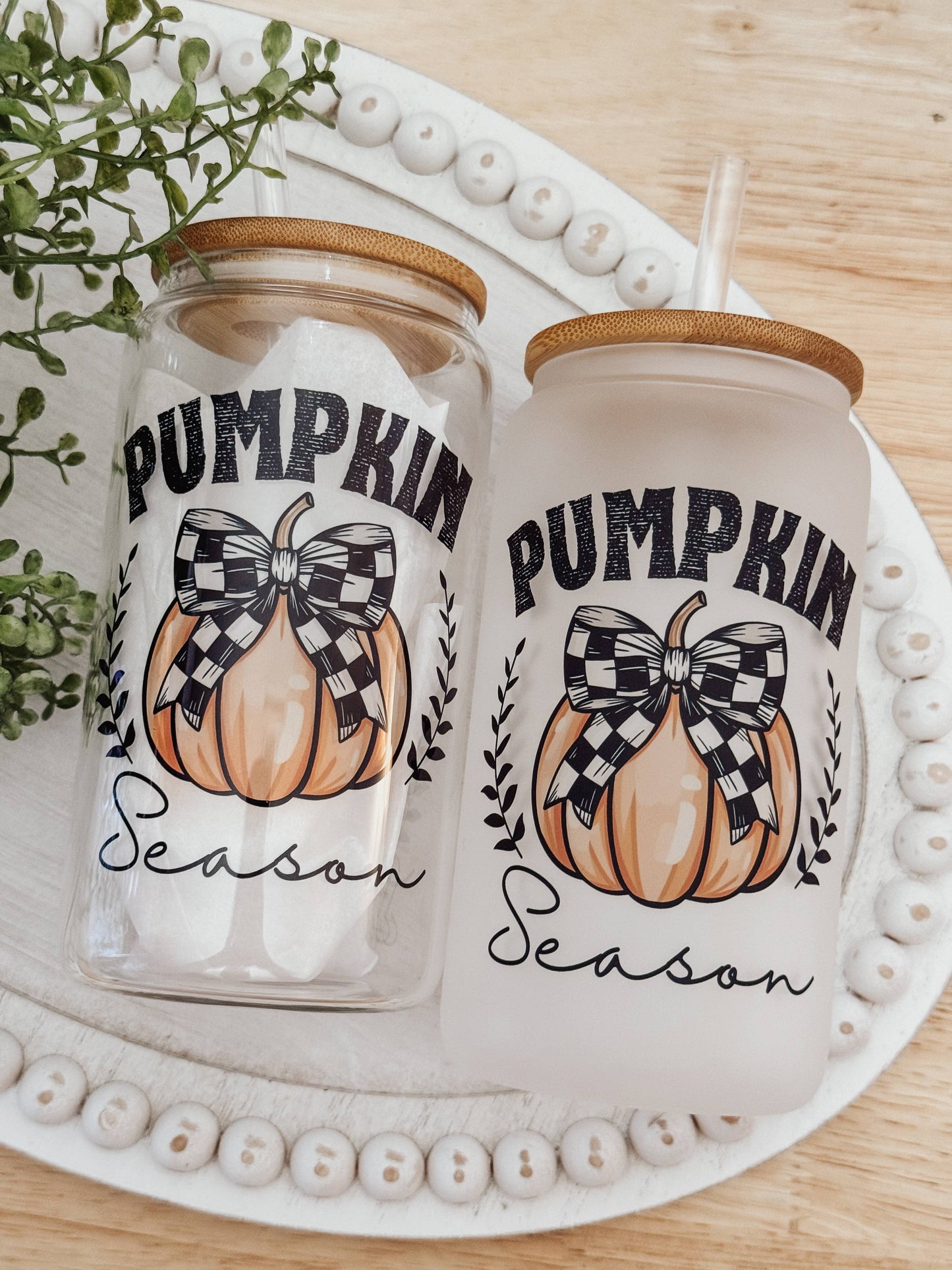 Pumpkin Season 16oz Glass Cup with Bamboo Lid 