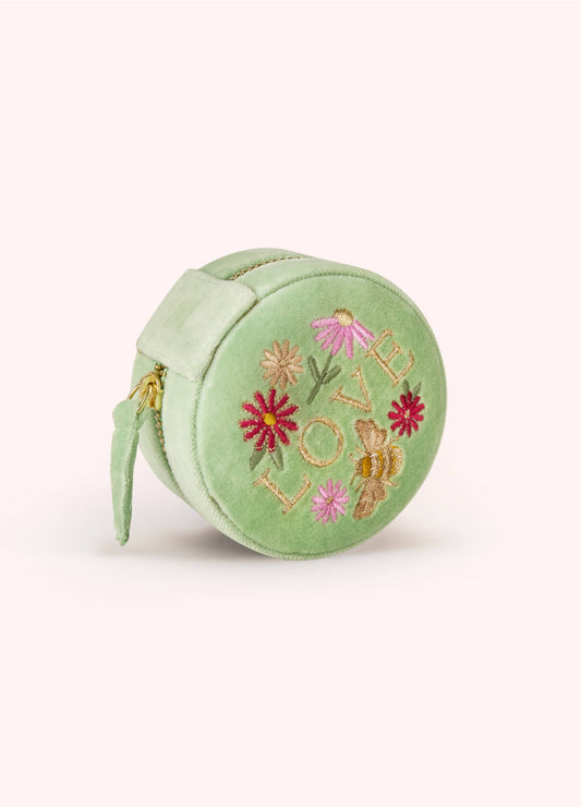 Round Velvet Jewelry Box - Love in a Meadow - Mint, by Powder Designs