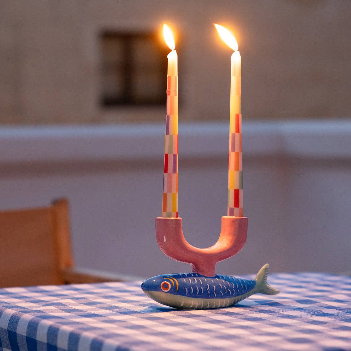 Talking Tables Multi-colored Check Taper Candles - 2 Pack | Picnic Decor |
