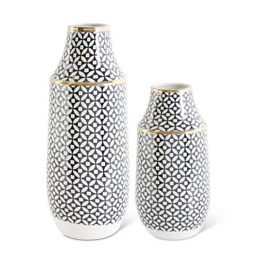 K&K Set of 2 Black & White Circle w/ Diamond Pattern Vase