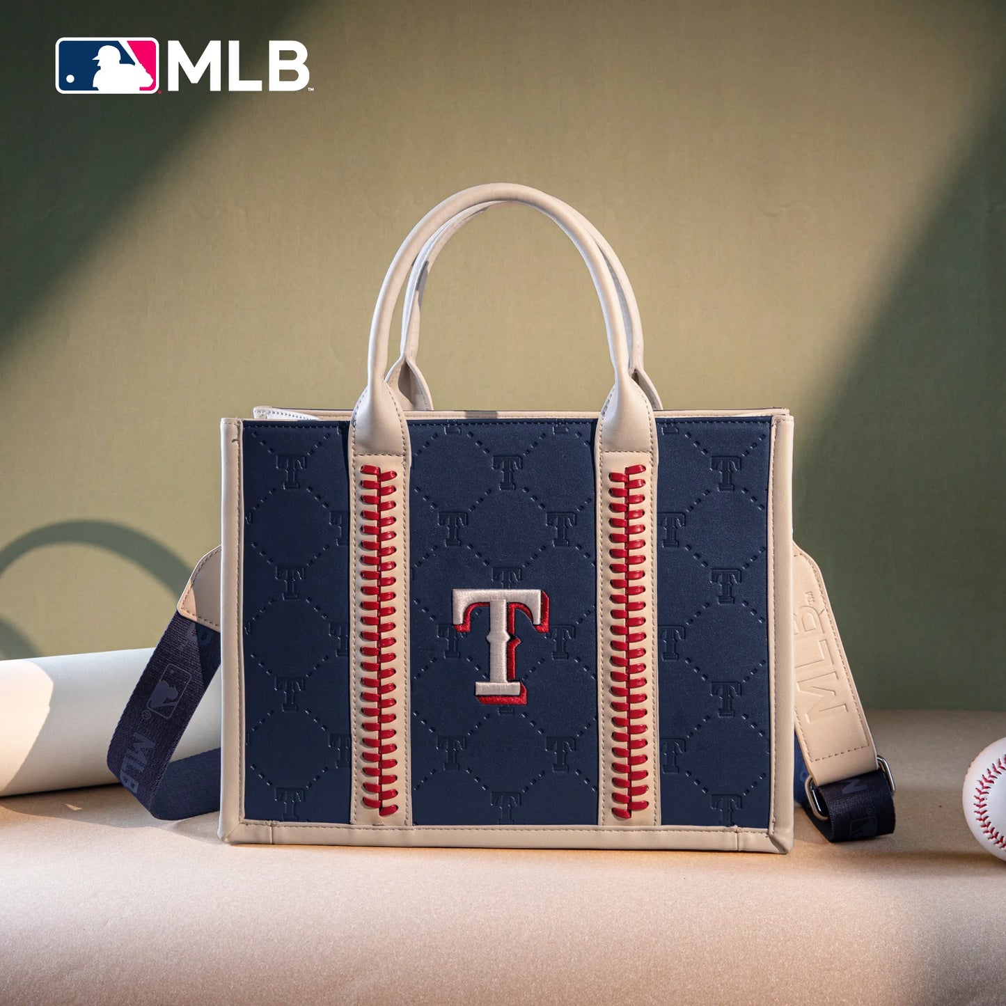MLB Texas Rangers Women's Tote Bag with Embossing & Baseball Stitch Detailing