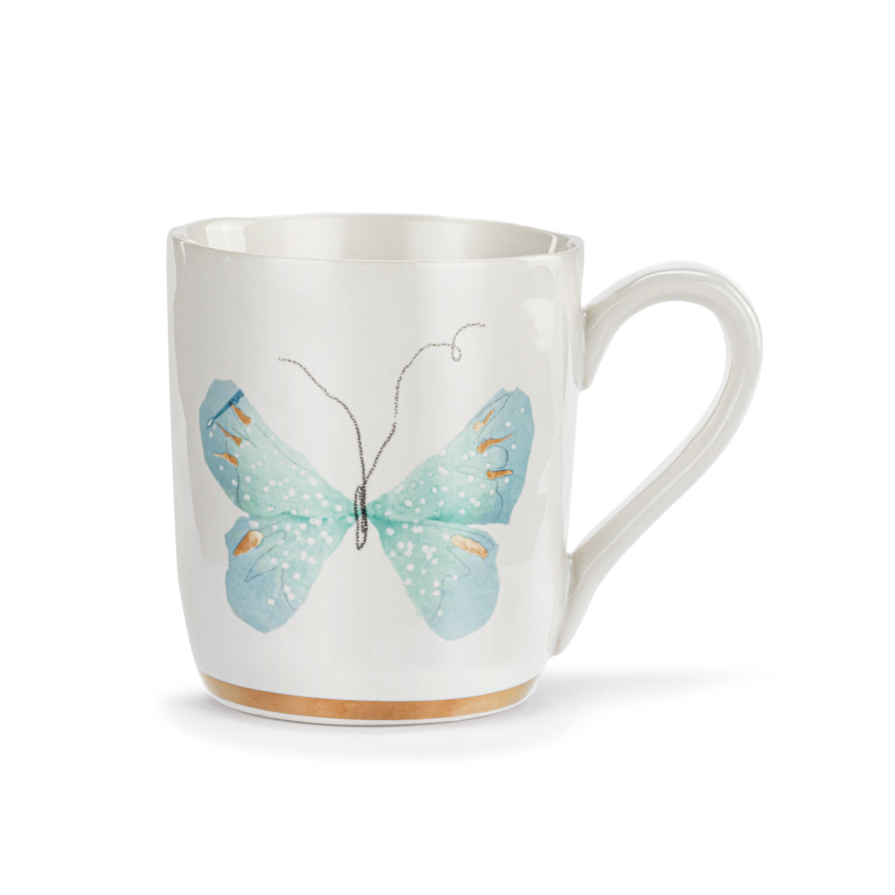 Demdaco Mug, White with Light Blue Butterfly, Gold Trim, 14oz