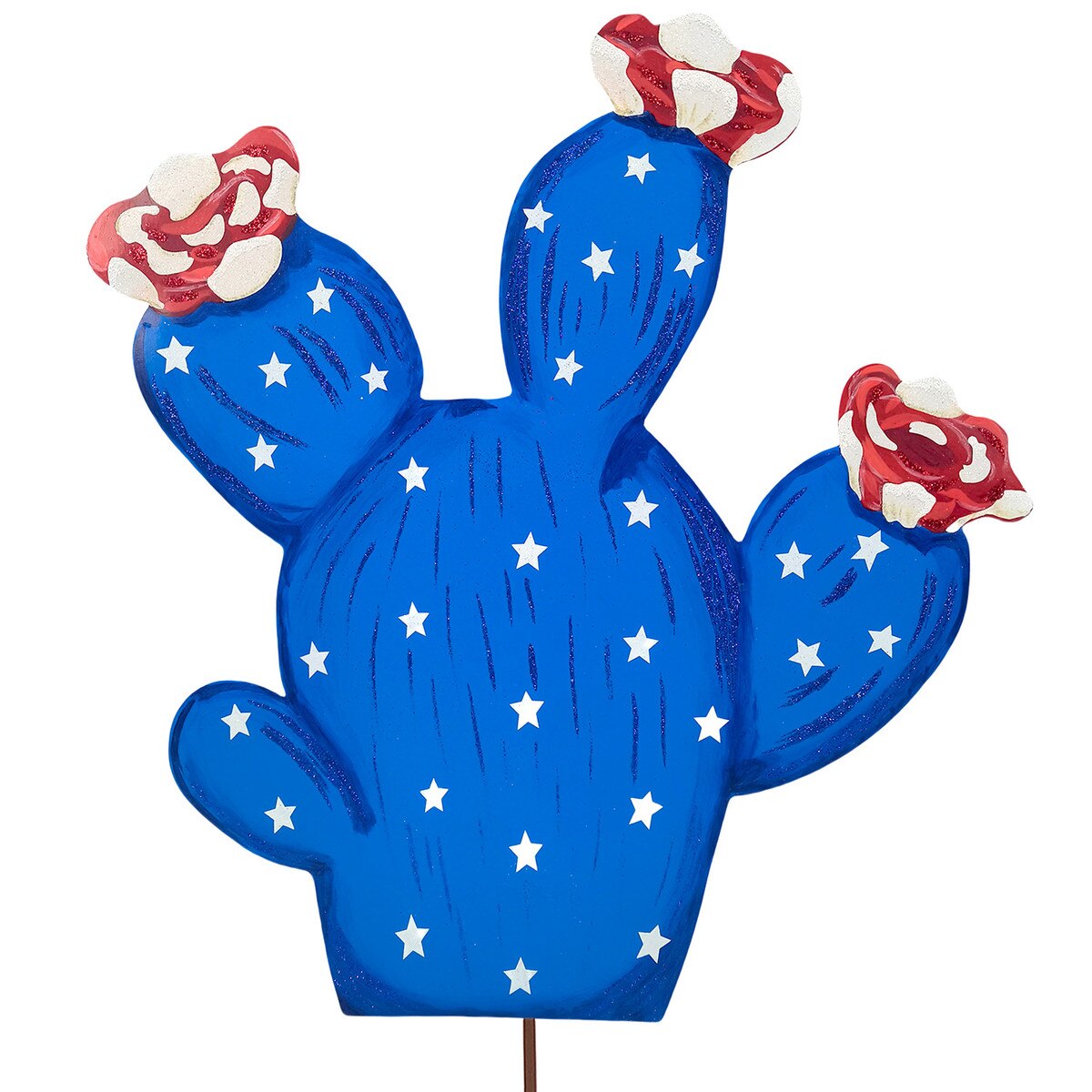 Round Top Blue Cactus with Red/White Flowers (Easel/Hang/Stake)