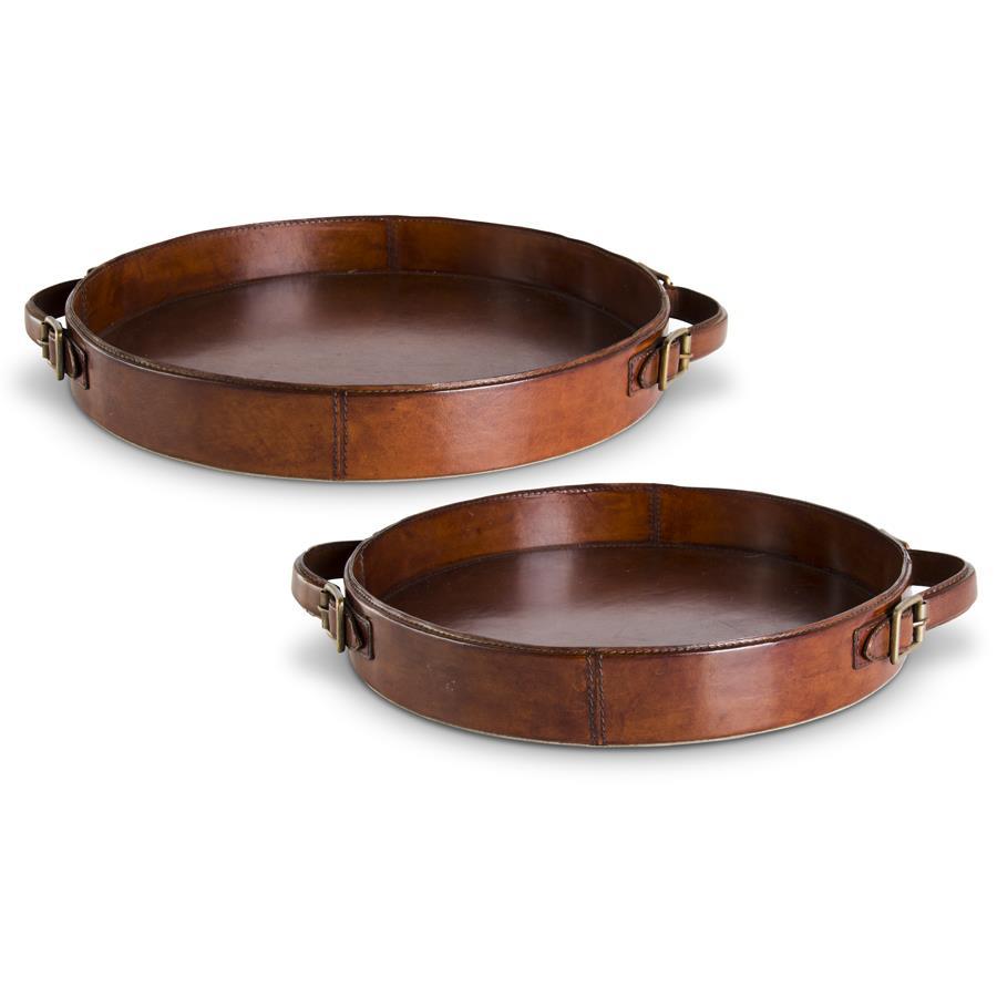 K&K Brown Leather Round Trays with Brass Buckle, Set of 2