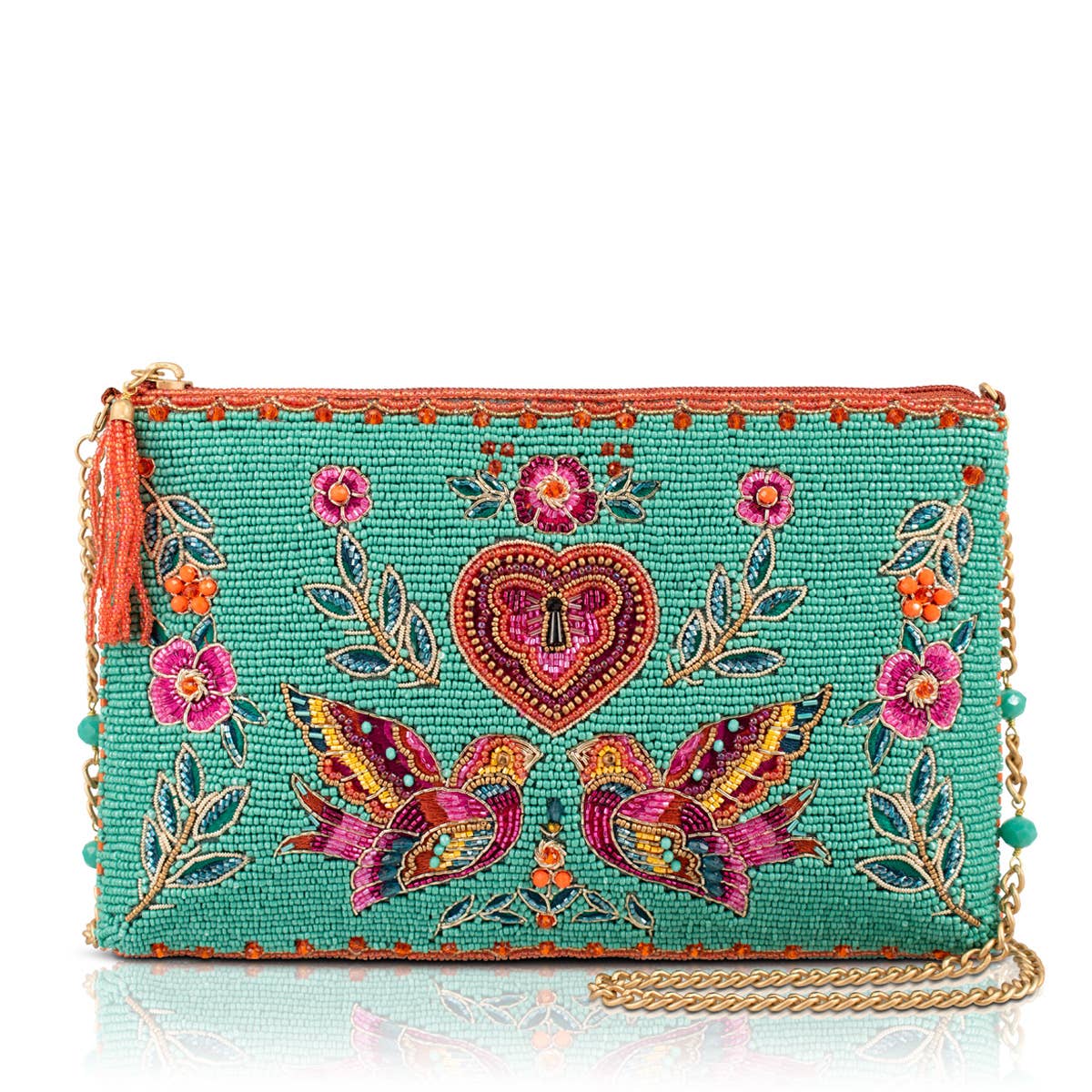 Mary Frances In Love/Lovebirds and Heart on Turquoise Beaded Handbag