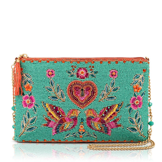 Mary Frances In Love/Lovebirds and Heart on Turquoise Beaded Handbag
