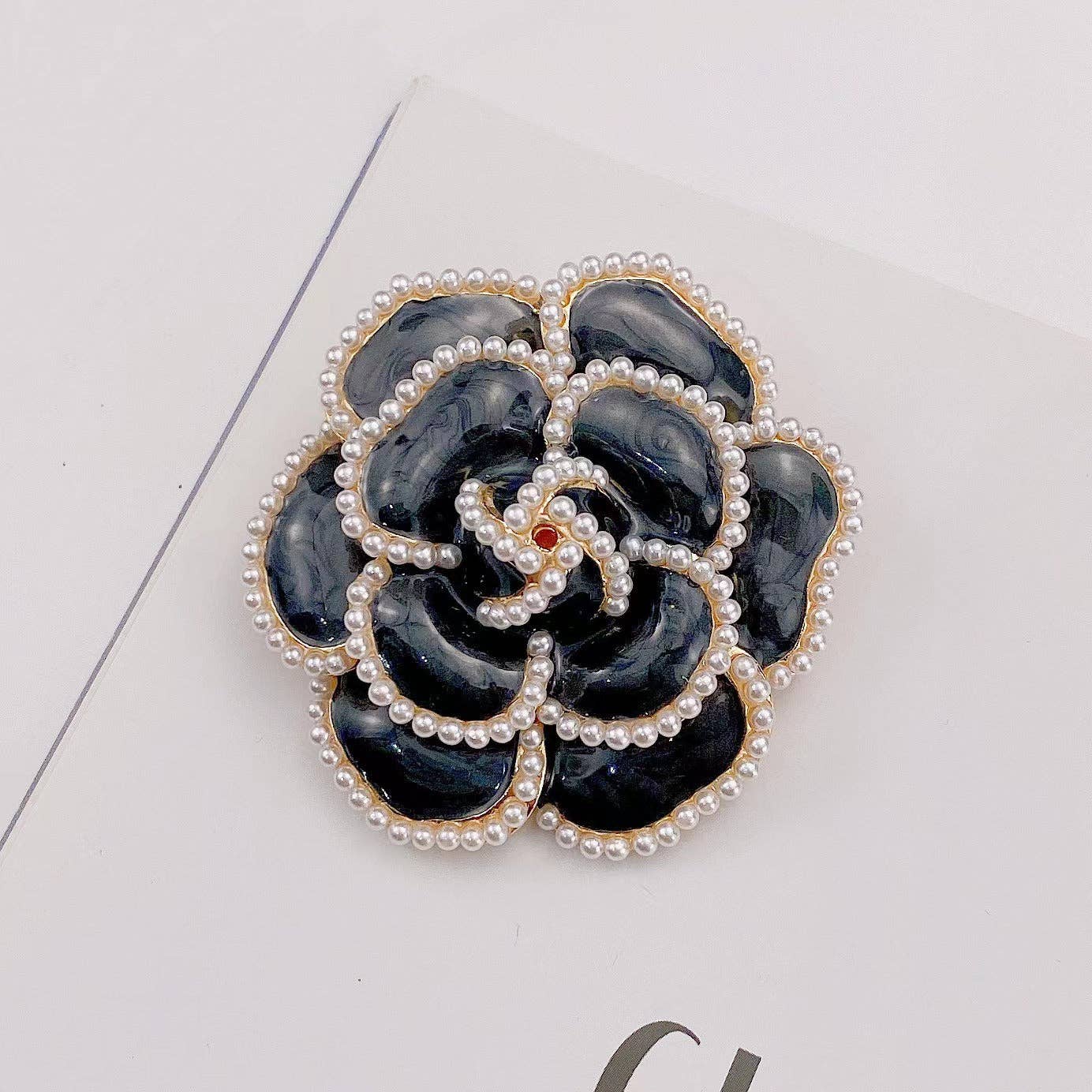 Mio Queena Camellia Pearl and Enamel Brooch