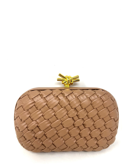 Inzi Leather Woven Clutch with Gold Knot Top Handle