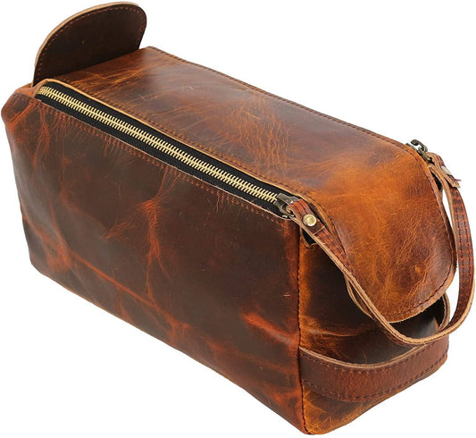 TUZECH Vintage Full Grain Leather Toiletry Bag/Drop Kitt (Dark Brown)