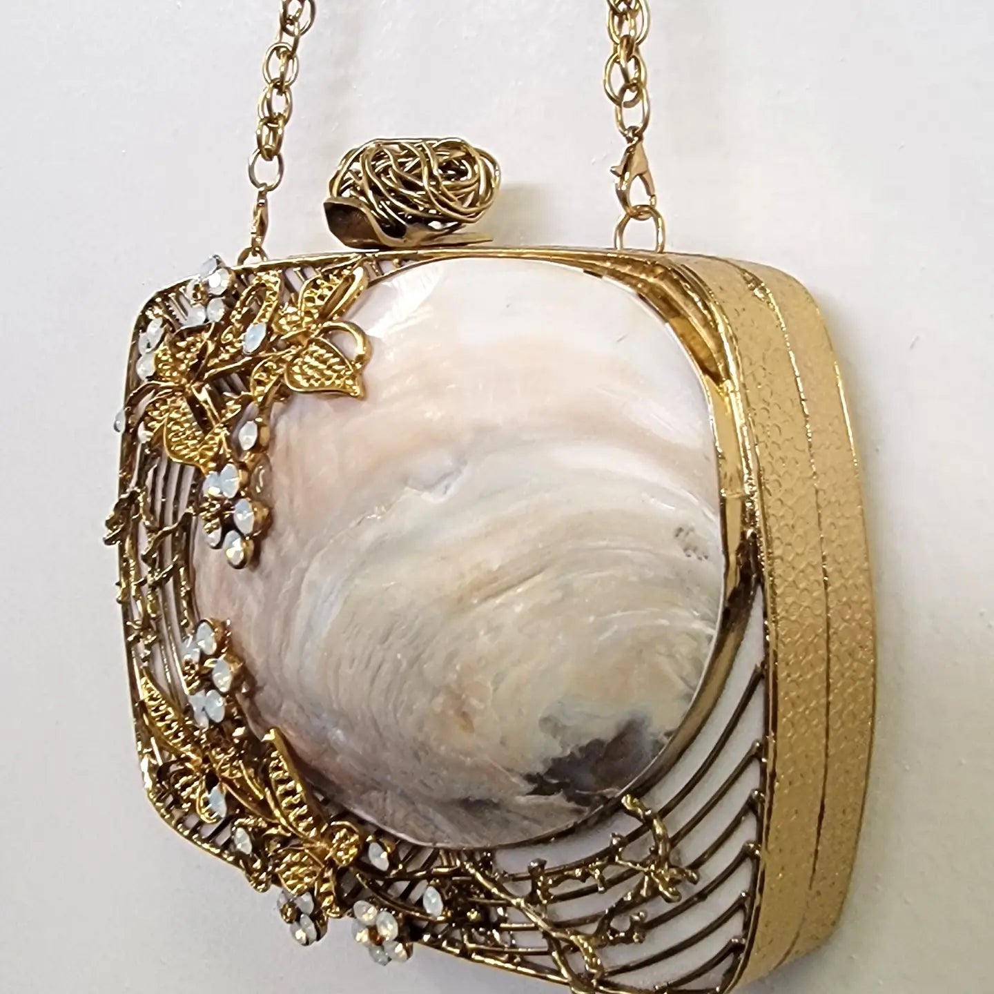 Jeweled Metal Mother of Pearl (MOP) Clutch (Gold)