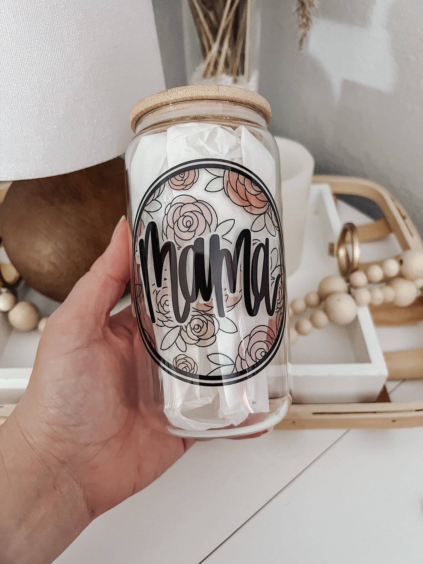 Mama Watercolor Floral 16 oz Glass Cup with Bamboo Lid