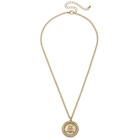 Canvas Style Lizette Bee Medallion Pendant Necklace in Worn Gold 16"