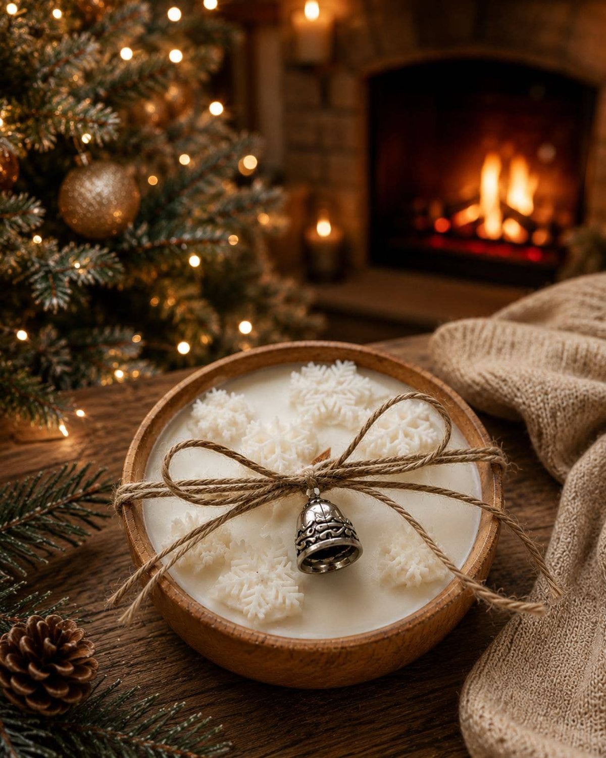 Winter Snowflake Soy Candle in Wooden Bowl –Rustic Christmas