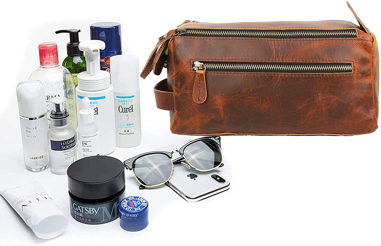 TUZECH Vintage Full Grain Leather Toiletry Bag/Drop Kitt (Dark Brown)