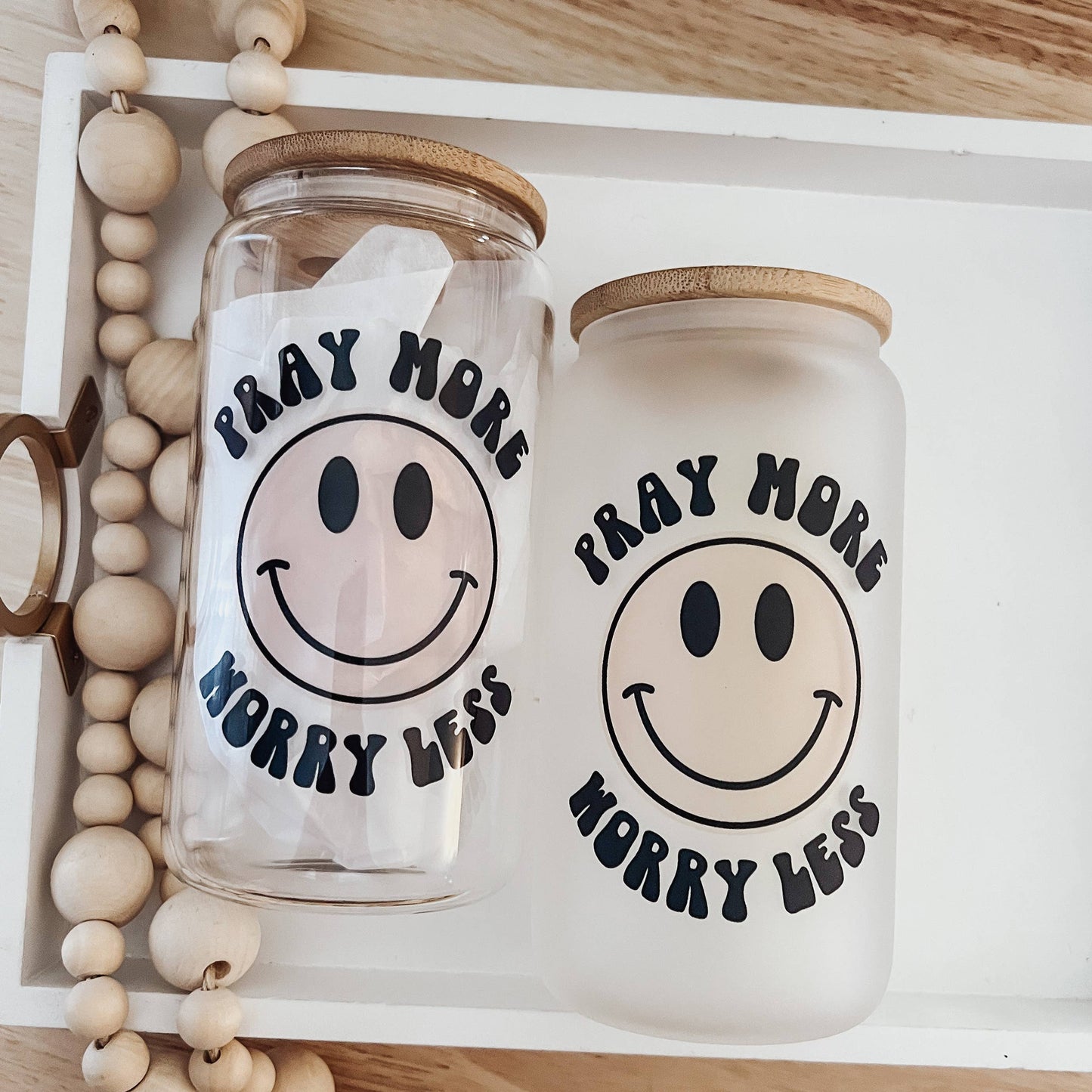 Pray More 16 oz Glass Cup with Bamboo Lid