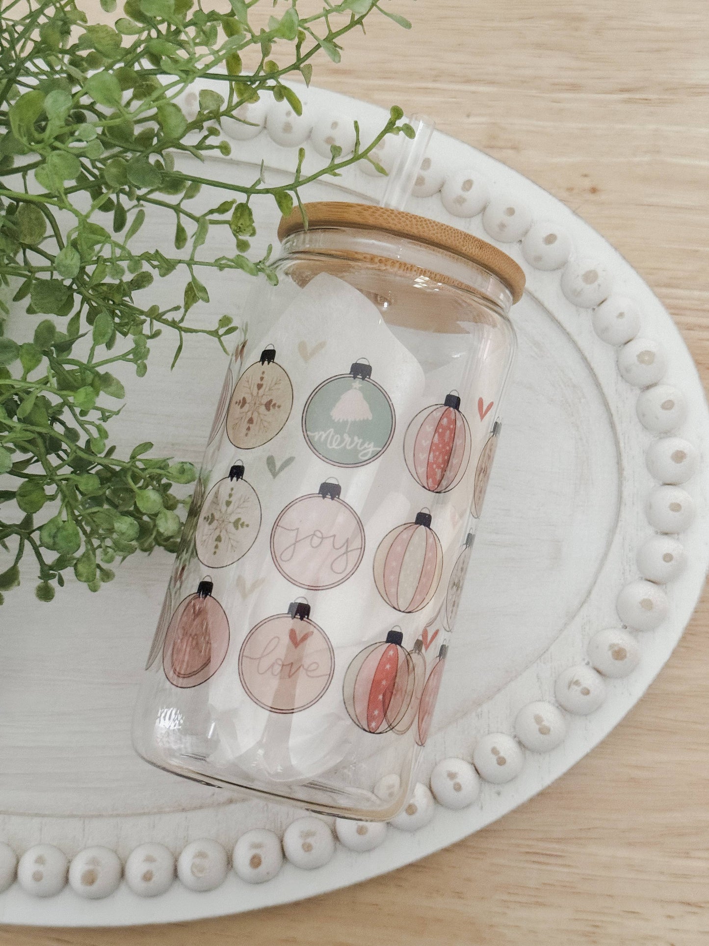 Christmas Ornaments 16oz Glass Cup with Bamboo Lid