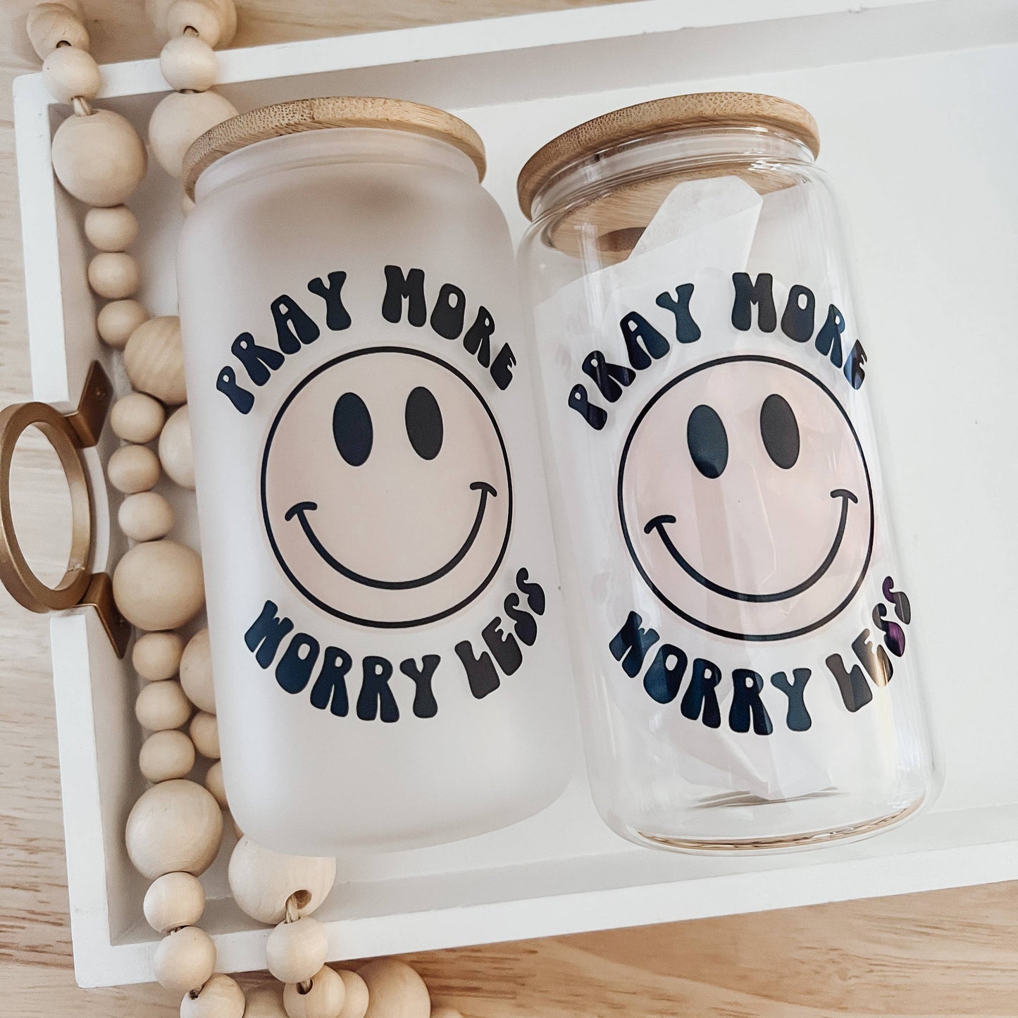 Pray More 16 oz Glass Cup with Bamboo Lid