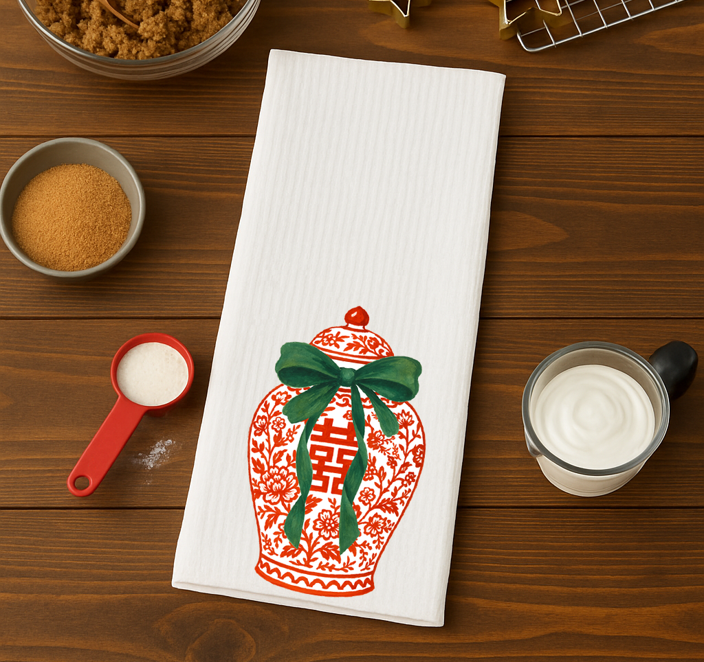 Design Carolinas Red Ginger Jar with Green Bow Christmas Kitchen Towel 