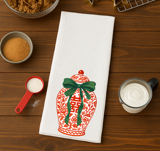 Design Carolinas Red Ginger Jar with Green Bow Christmas Kitchen Towel 
