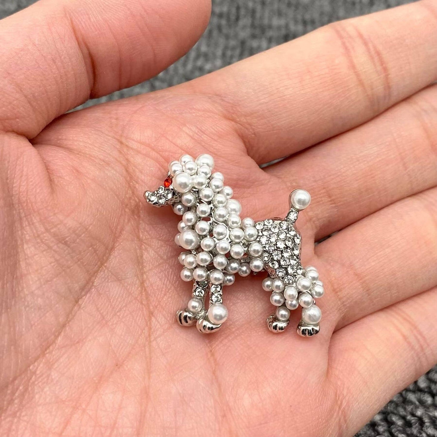 Mio Queena Rhinestone & Pearl Poodle Silver Brooch