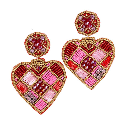 Royal Standard Devotion Heart Beaded Earrings   Pink/Red/Gold   3"