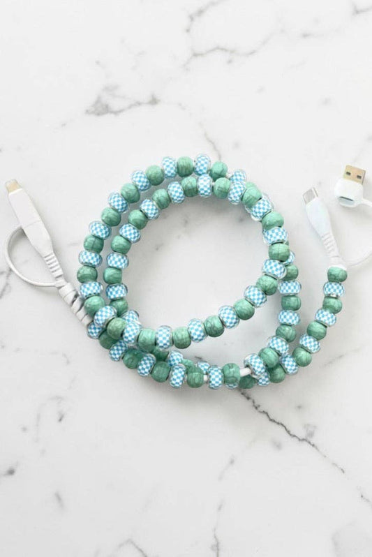Blue Gingham and Green Beaded Charging Cord