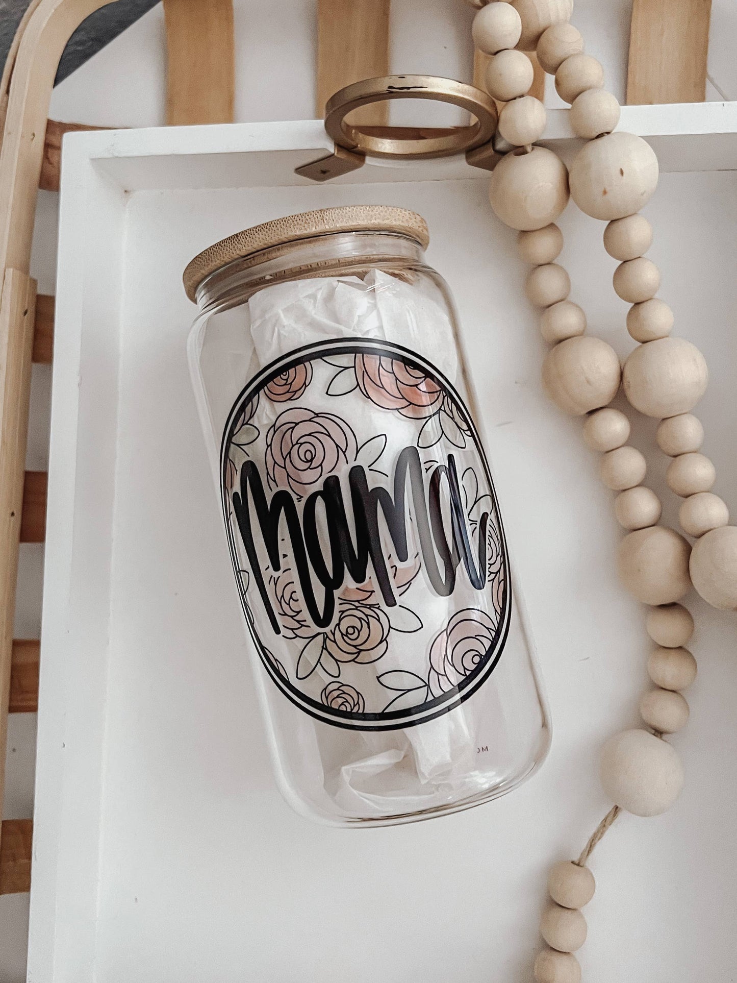 Mama Watercolor Floral 16 oz Glass Cup with Bamboo Lid
