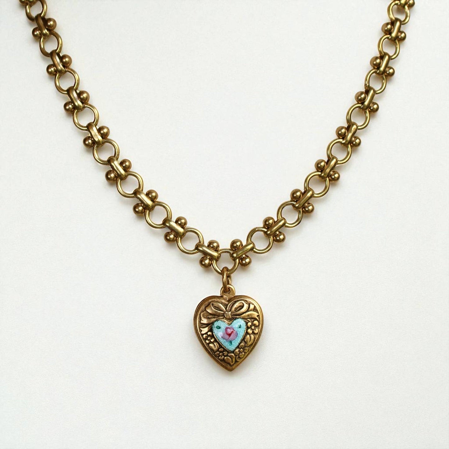 Vivian Grace Vintage Blue Guilloche Heart Necklace