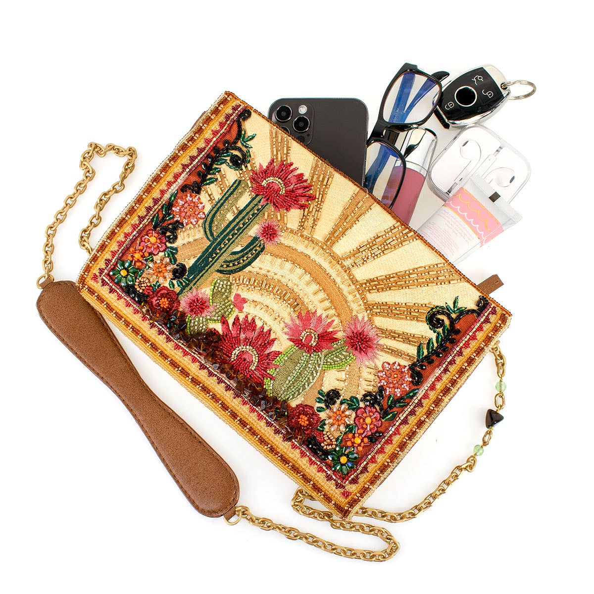 Mary Frances Desert Sunrise Beaded Cactus and Floral Crossbody Handbag