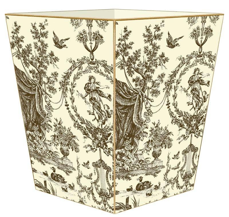 Marye-Kelley Brown & Creme Toile Wastepaper Basket, Scalloped Top